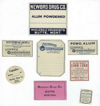 8 - Butte,  Mt Newbro Drug Co.  Bottle/package Labels - Late 1800 
