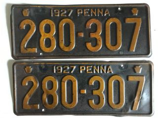 1927 Pennsylvania License Plate Pair Plates Paint Yom Ford Chevy Dodge