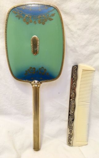 Vintage Antique Art Deco Hand Held Mirror Brass Tone Blue & Vintage Comb.