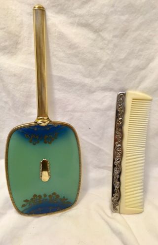 Vintage Antique Art Deco Hand Held Mirror Brass Tone Blue & Vintage Comb. 3