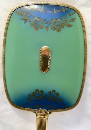 Vintage Antique Art Deco Hand Held Mirror Brass Tone Blue & Vintage Comb. 4