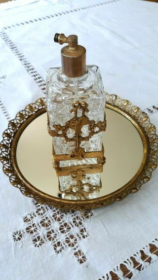 Vintage Gold Plated Ormolu Perfume Bottle Ornate Bouquet & Ribbon Motif