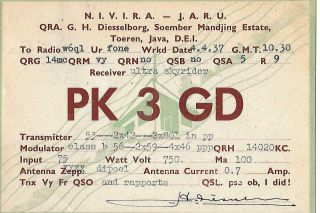 1937 Pk3gd Java D.  E.  I.  Qsl Radio Card.  Stamp