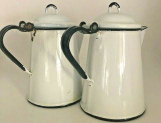 Vtg 2 Enamelware Coffee Pot White Antique Enamel Ware Porcelain Kitchen Decor Sm