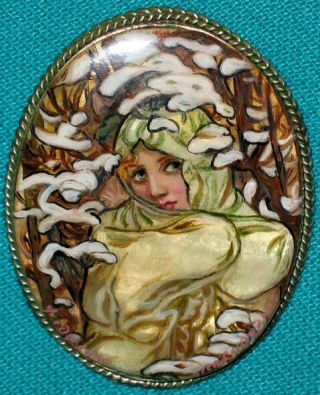 " Winter " A.  Mucha Russian Hand Painted Fedoskino Mother - Of - Pearl Brooch
