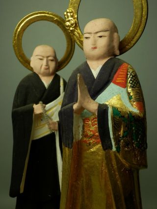 Japanese Vtg Pair Buddhist Buddha Statue Set Honen Zendo Monk Each Side Of Amida