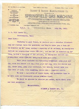 Vintage Illustrated Letterhead Springield Gas Machine 1901 Ma Fuel Oil 2 Sides