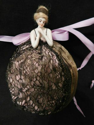 Vintage Bisque Pincushion Half Doll With Wig - Arms Away - Germany (?)