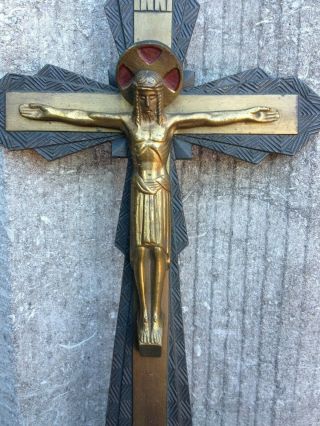 Antique Vintage Art Deco Priests Nun Bronze Altar Wall Cross Jesus Christ Corpus