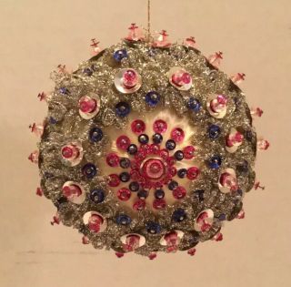 Vintage Beaded Christmas Ornament Elaborate Cream Pink Blue Lee Wards Zimonick