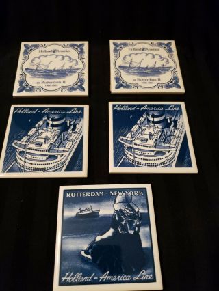 Holland American Line Tile Coasters Delft Blue White Set Of 5