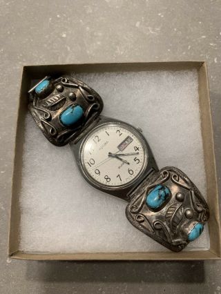 Vintage Native American Sterling And Turquoise Watch Cuff Wings