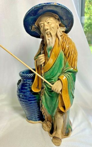 Antique Chinese Shiwan Mudman Figurine Statue 10 " High 1890 - 1910 With Basket