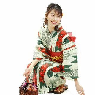 Japanese Ladies Kimono - Yukata Green White Obi Belt Set Of 2 Crimson -