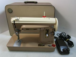 Vintage Creme/brown Singer Electric Sewing Machine With Case & Foot Pedal