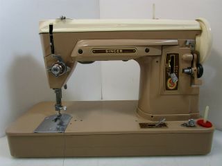 Vintage Creme/Brown Singer Electric Sewing Machine With Case & Foot Pedal 4