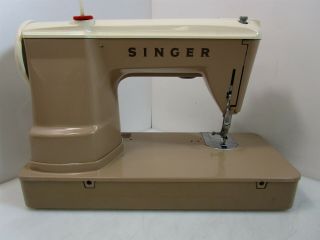 Vintage Creme/Brown Singer Electric Sewing Machine With Case & Foot Pedal 6
