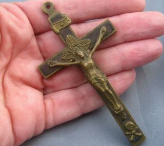 Antique French Pectoral Cross Skull Pendant Nun Catholic Item Wood Brass