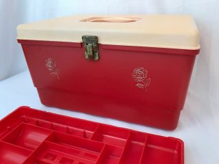 Vtg Red Sewing Box Roses Plastic Caddy Thread Spool Tray Storage Organizer Large