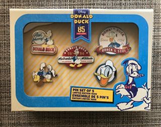 Donald Duck 85th Anniversary Pins Disney Store Le1600 Box Set 5 Pins In Hand