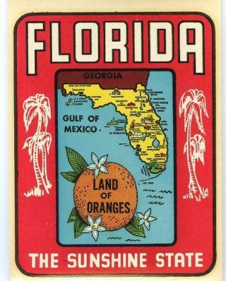 Vintage Florida Sunshine State Land Oranges Souvenir Map Travel Decal