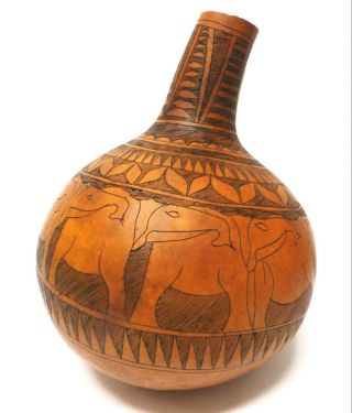 Vintage African Large Hand Carved Calabash Gourd - " Elephants " - From Kenya