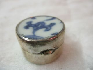Vintage 925 Sterling Silver Pill Box With Antique Chinese Porcelain Shard Cover