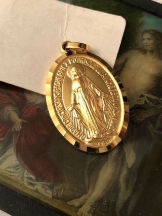 Antique Vintage French Sterling Gilded Medal Virgin Mary Sacred Heart Pendant 3