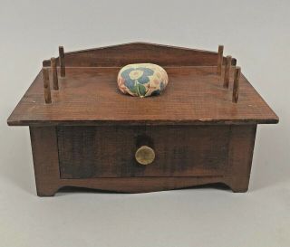 Antique Vintage Wood Sewing Thread Spool Holder & Pin Cushion With One Drawer