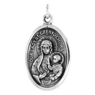Sterling Silver Our Lady Of Czestochowa Medal Necklace,  Oval 1 Inch