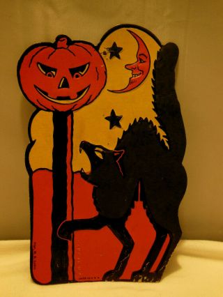 Vintage H.  E.  Luhrs Halloween Embossed Decoration Black Cat Jol Moon & Stars