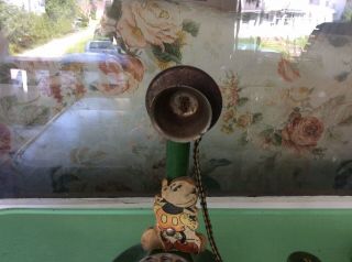 RARE 1930’s Walt Disney Tin & Wood Mickey Mouse Candlestick Toy Telephone 3