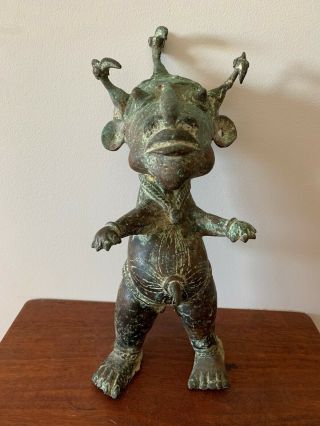 Very Old Benin Bronze Horned Figure 15 " Tall