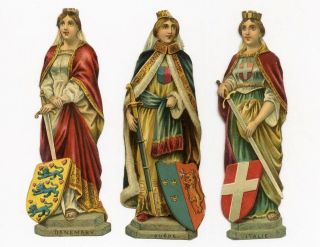 Italy Sweden Denmark Woman Swords Country Shields Victorian Die Cuts 1880 