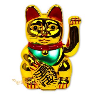 Maneki Neko Beckoning Cat Gold Wealth Lucky Charm Waving Kitty Feng Shui 7 " Tall
