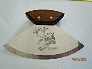 Vintage Alaska Ulu Knife Engraved Moose W/ Wood Handle & Wood Stand