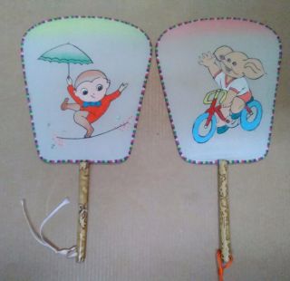 Vintage Set 2 Vintage Asian Handpainted Stretched Silk Hand Fans.  Bamboo Handles