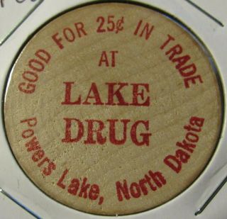 Vintage Lake Drug Powers Lake,  Nd Wooden Nickel - Token North Dakota