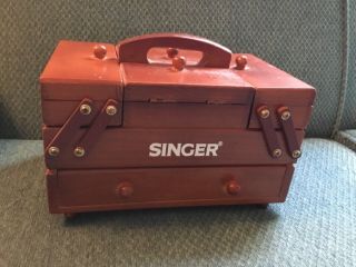 Vintage Singer Wood Accordian Sewing Box With Spools Thread Small Sweet Minty