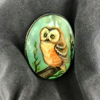Mother Of Pearl Button Collectible Russian Hand Painted Snowy Owl