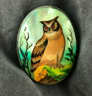 Mother Of Pearl Button Collectible Russian Hand Painted Horned Owl