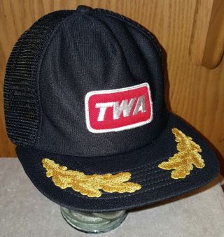 Vintage Twa Snapback Trucker Hat Cap 80s Black Mesh Trans World Airlines