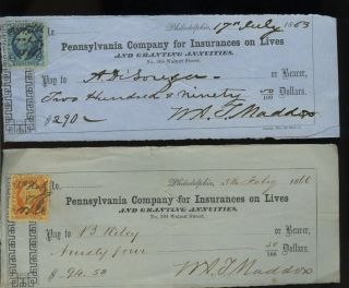 2 Pennsylvania Insurance On Lives Maddox 1863 1866 Checks Revenue Stamps