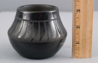 Small Authentic,  Minnie Vigil,  Santa Clara Pueblo Feathers Black Pottery Pot