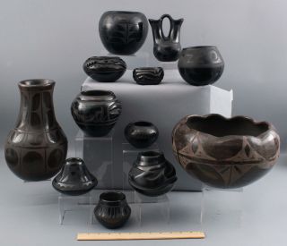 Small Authentic,  Minnie Vigil,  Santa Clara Pueblo Feathers Black Pottery Pot 6