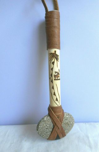 Navajo Indian Made War Club Rock Leather Signed 9 " Long Authentic End Of Trail