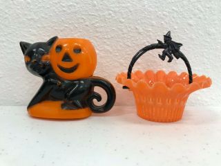 Vintage Halloween Plastic Candy Containers - Basket With Witch & Black Cat Pumpkin