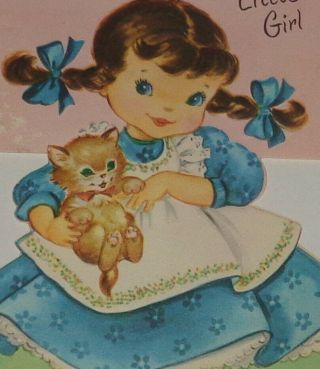 Vintage Greeting Card,  Adorable Girl Holding Her Cat,  6 "