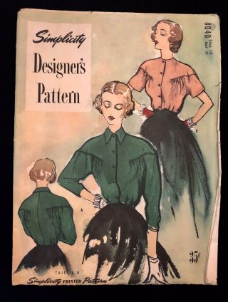 1940s Vintage Simplicity Designer Sewing Pattern 8040 Misses Blouse Sz16