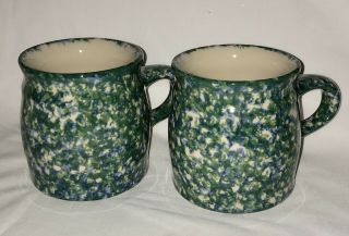 Pair Gerald Henn Pottery Blue & Green Mottled Spongeware Mugs Roseville